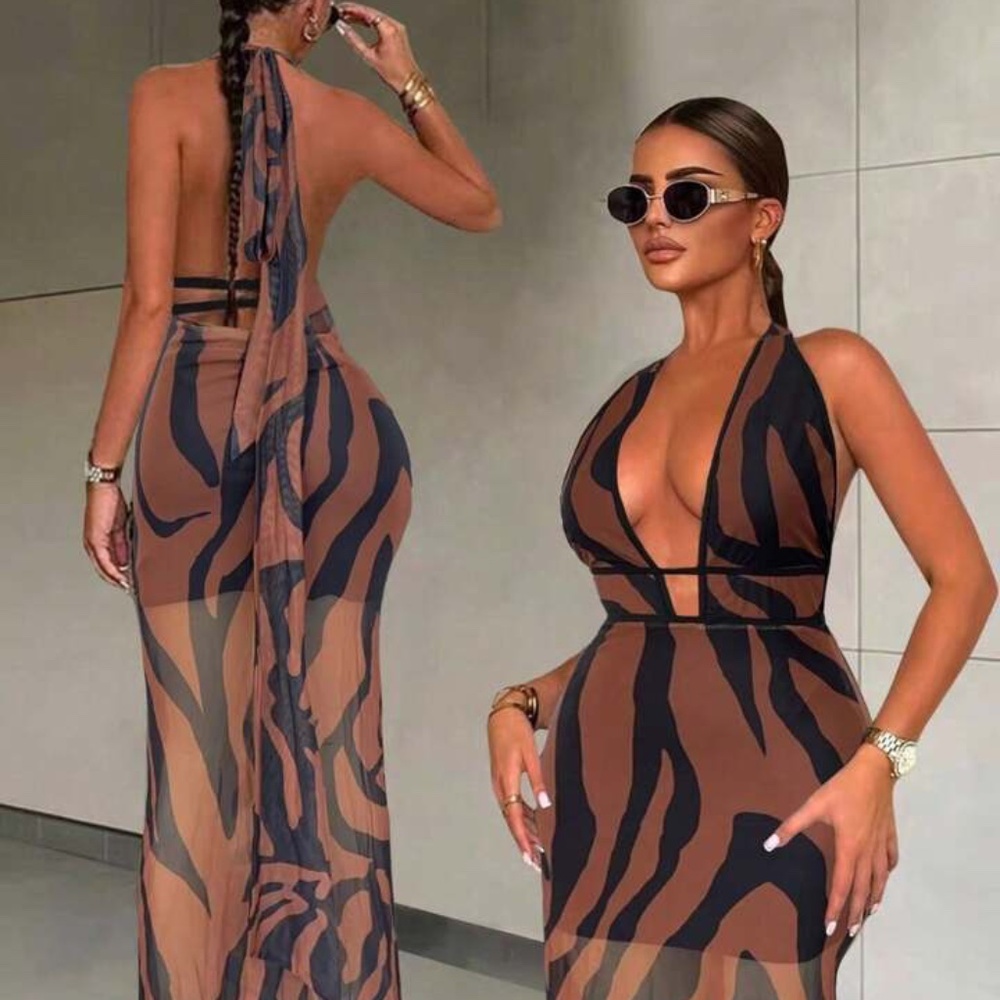 Printed Halter Tie brown Casual Dress